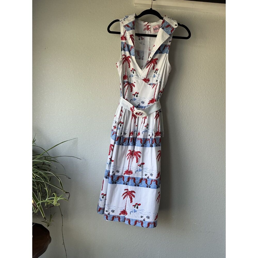 Bettie Page Clothing Dress Pinup Tropical Palm Print Rockabilly 50s Swing Belted